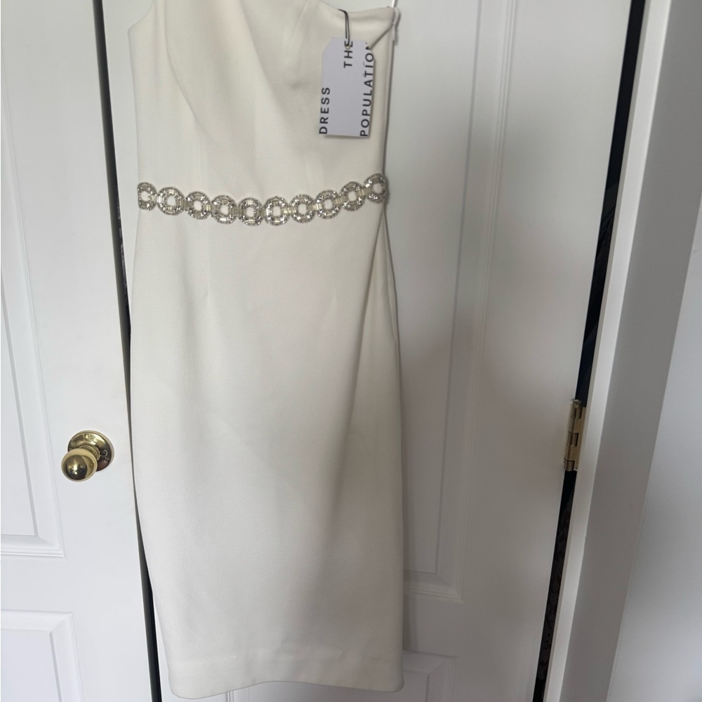 Dress the Population One Shoulder White Dress with Silver Accents